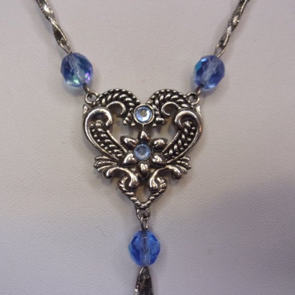 Blue Bead Silver Bar Link Lariat Style Necklace 26" Long - Picture 2 of 11